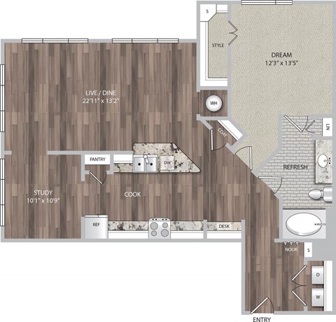 Floor plan for 1 bed, 1 bath, 1091 sqft
